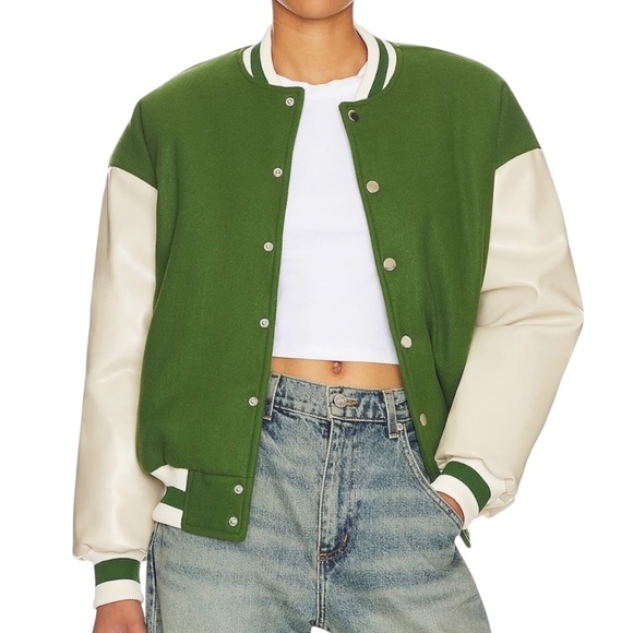 New Superdown Faux Leather Sleeves Varsity Jacket Kai Green Ivory Size XL - Picture 1 of 16